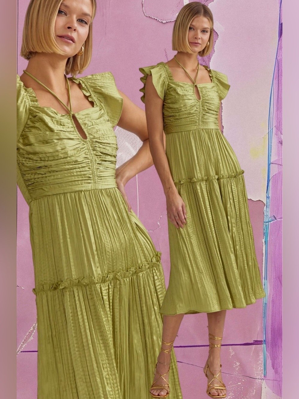 Entro | Linnea Tiered Midi Dress Satin Lime Green Wedding Guest Classy New Small